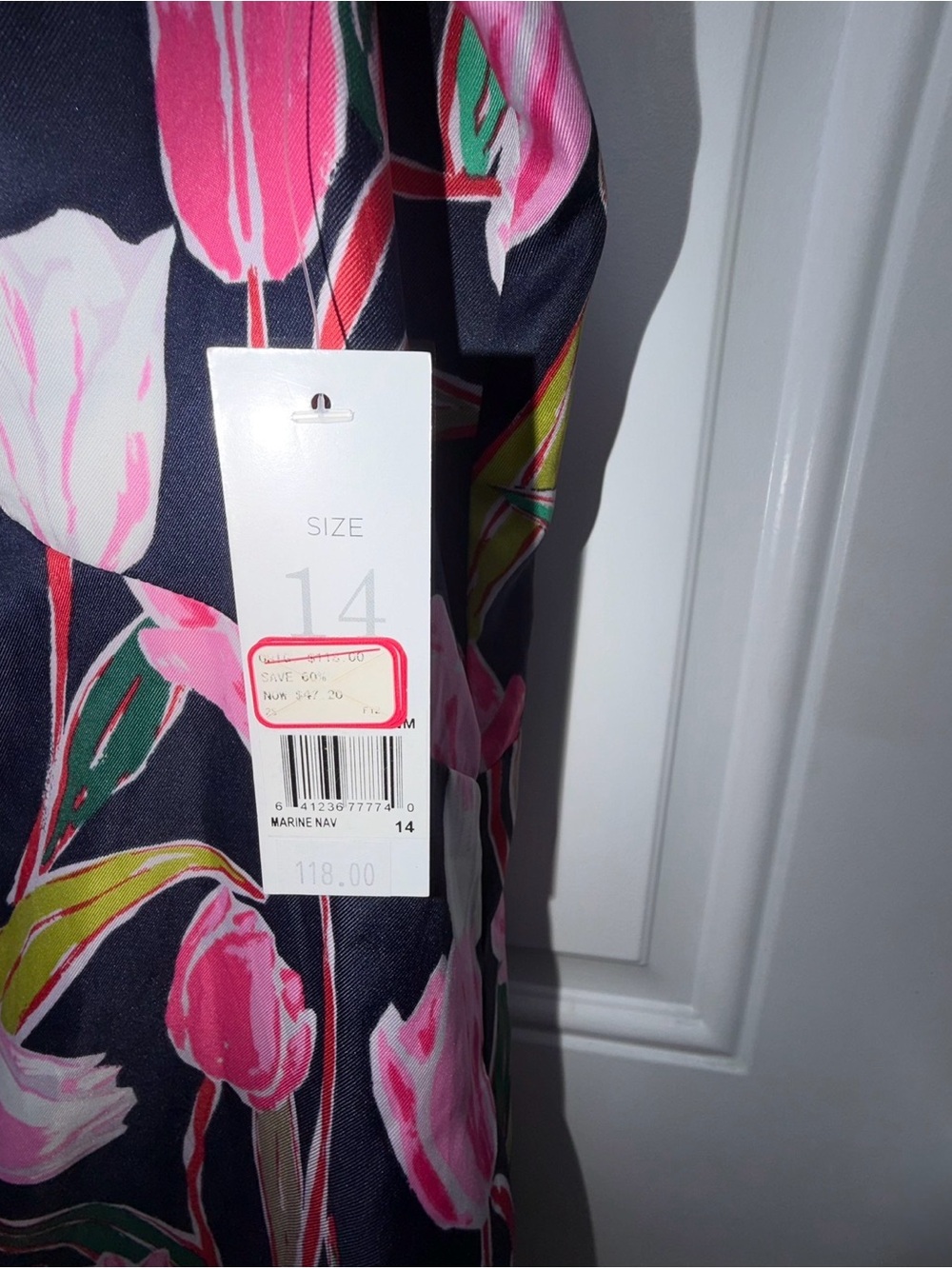 NWTAGS Donna Morgan Navy A-Line Dress with Pink Tulip Print - Picture 4 of 5